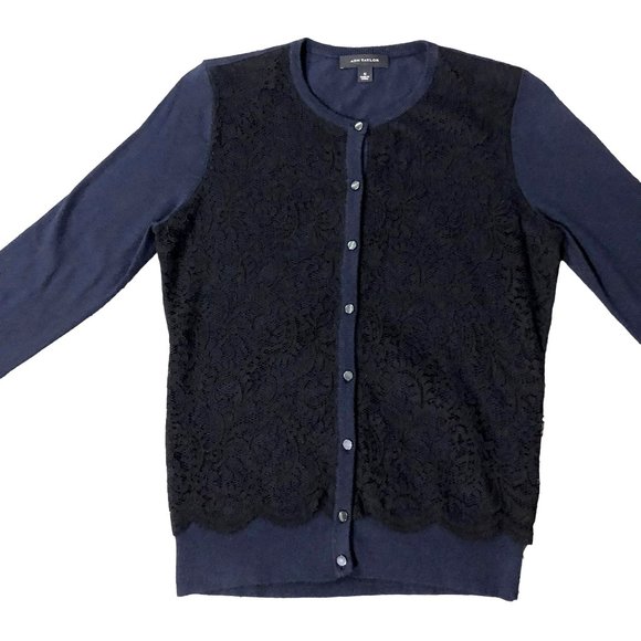 Ann Taylor Cardigan Sweater Womens S Used Navy with Black Lace Front - Picture 4 of 15